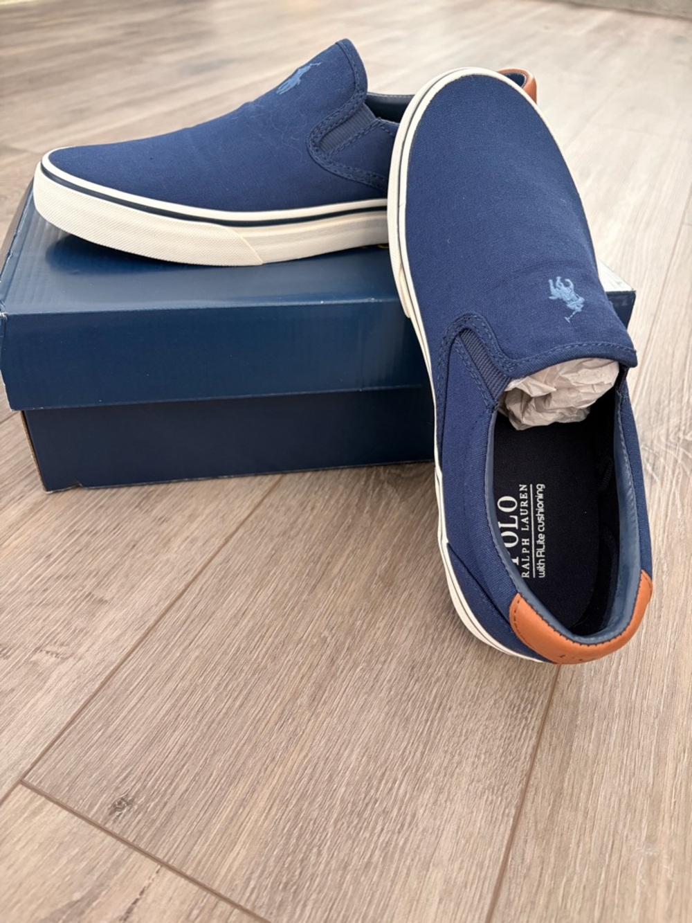 Polo by Ralph Lauren Navy Canvas Slip-On Loafers with Tan Heel Tab